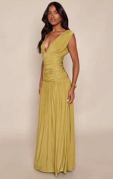sirishop2 Olive Double Layer Slinky Plunge Sleeveless Maxi Dress