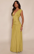 sirishop2 Olive Double Layer Slinky Plunge Sleeveless Maxi Dress
