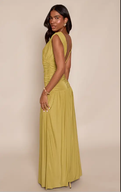 sirishop2 Olive Double Layer Slinky Plunge Sleeveless Maxi Dress